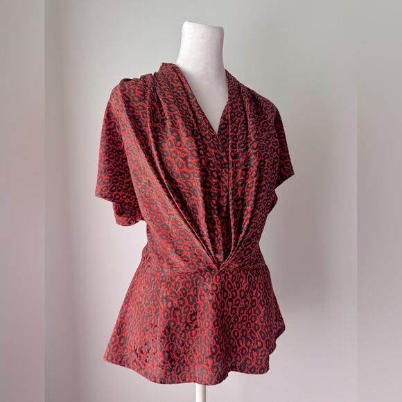 Vintage ‘90s Nicola Red & Black Leopard Print Peplum Waist Short Sleeve Blouse - Picture 1 of 8